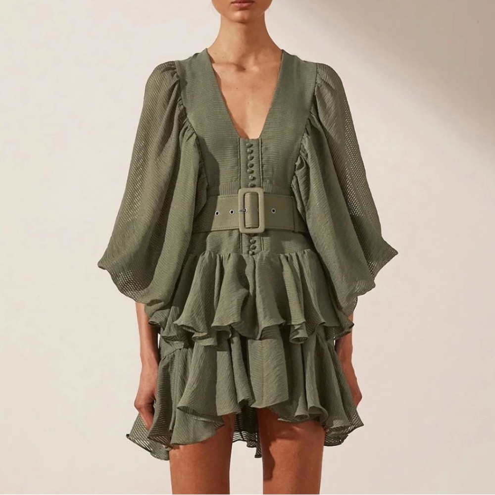 Shona Joy plunged draped mini dress, in color sage, size 8